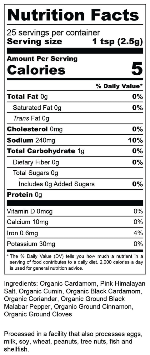 Noshejan Afghan Masala seasoning blend nutritional label.